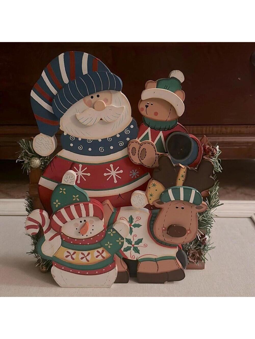 Vintage wooden 3D Santa and friends tabletop decoration